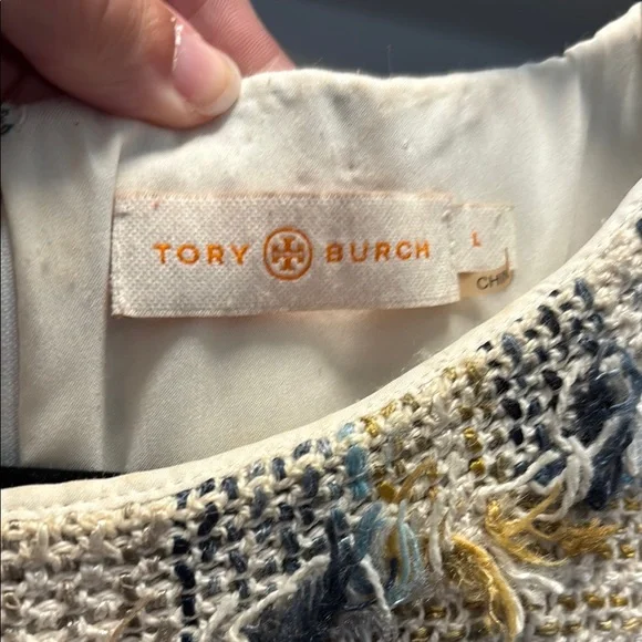 Tory Burch Blue Cream Sheath Midi Dress Bateau Neckline - Picture 14 of 14